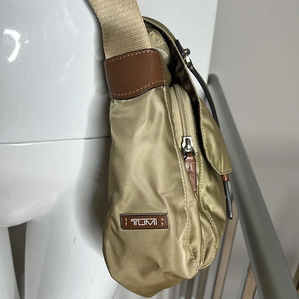 Tumi Voyager Khaki Nylon Brown Leather Trim Crossbody Bag